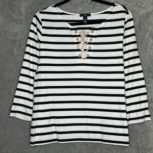 Gap Medium Top Shirt Navy Blue White Striped 3/4 Sleeve Keyhole Scoop Neck Knit